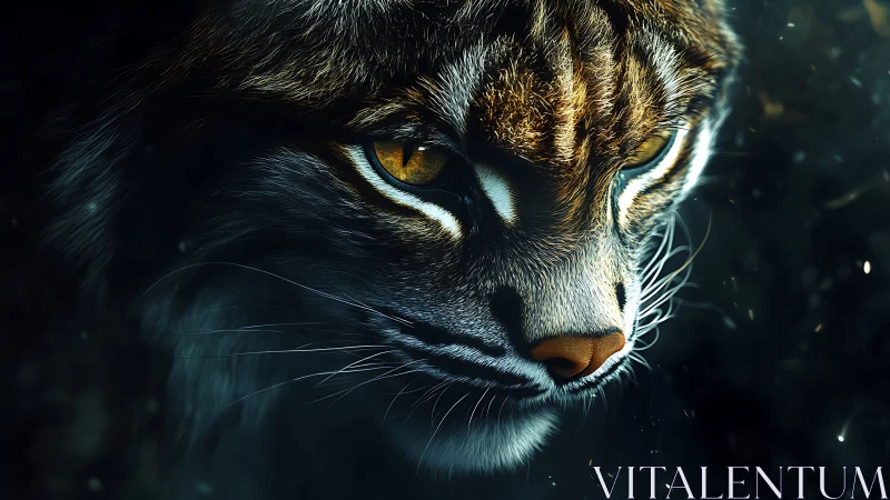 Golden-eyed wild cat gazes softly into the dusky dark