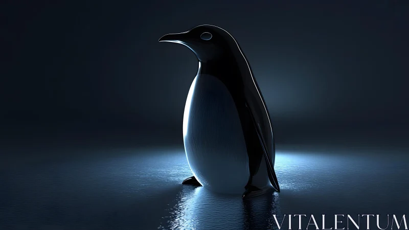 Glossy Penguin Statue in Dark Minimalist Setting with Blue Light. Glossy Penguin Statue in Dark Minimalist Setting with Blue Light.
