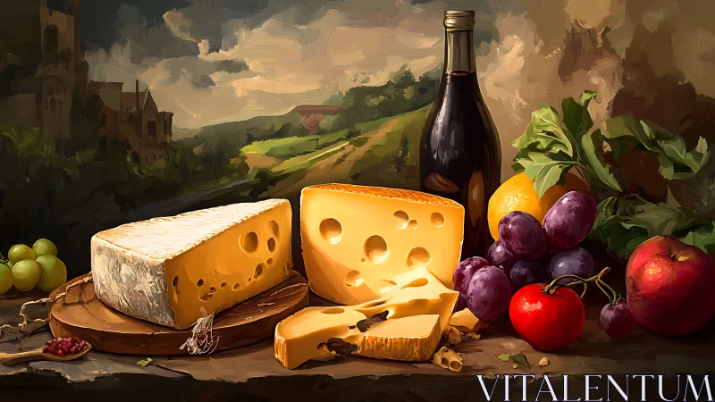 Rustic still life with cheese, wine bottle, fruit, countryside backdrop