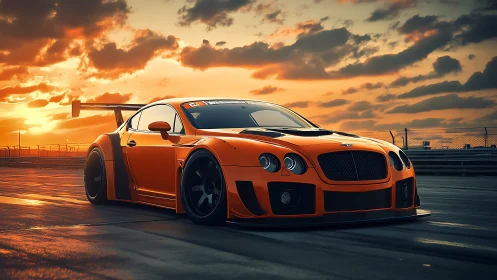 Sunlit orange GT supercar on wet racetrack at dusk.