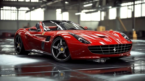 Red convertible sports car rendered inside reflective garage