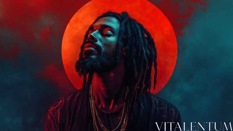 Chromatic portrait against saturated red solar halo backdrop.