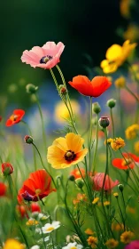Vibrant Wildflower Garden: Pink, Red, and Golden Blooms in Natural Sunlight.