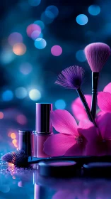 Cosmetics still life in neon bokeh lighting with magenta florals.