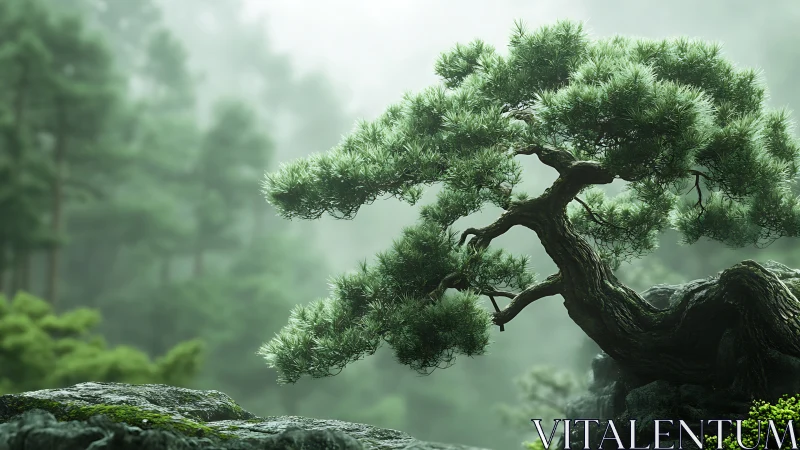 Gentle bonsai guardian leaning into the misty forest hush.