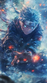 Dynamic anime warrior lunges forward in blue energy vortex