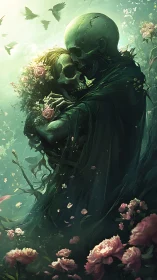 Eternal skeletal lovers wrapped in roses and soft green light.