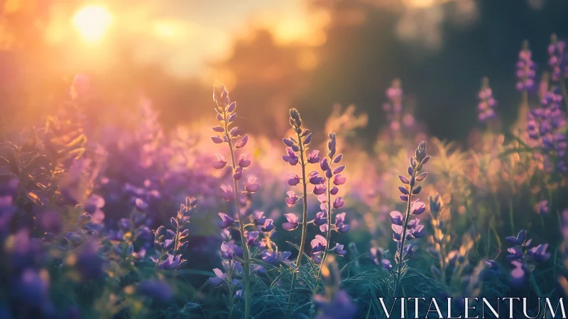 Lupine Field at Golden Hour: Backlighting Soft Focus Bloom.