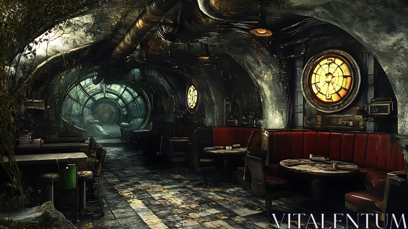 Post-apocalyptic submarine diner rendered in moody digital detail