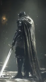 Armored figure stands with sword in low-lit stone environment