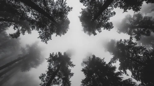 Fog-shrouded conifer canopy frames stark white sky.