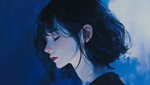 Side-profile chromatic portrait in deep indigo tonal field.