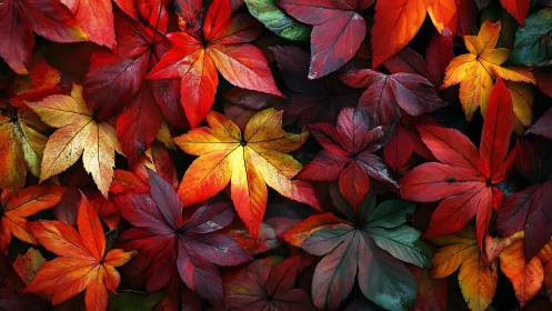 Autumn maple leaves form a vivid multicolored forest carpet.
