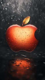 Photorealistic bitten apple logo rendered with cinematic rain lighting