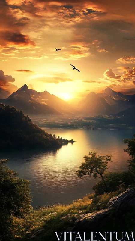 Sunset light intersects mountain lake and stratified cloud field