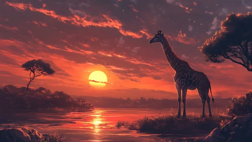 Giraffe stands beside glowing river under blazing sunset sky