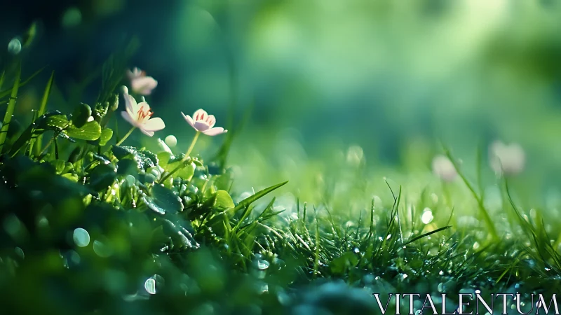 Shallow-depth macro study shows dew-covered grass and soft bokeh