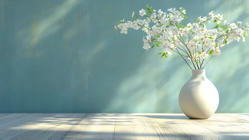 White Blossoms in Ceramic Vase Against Turquoise Wall.
