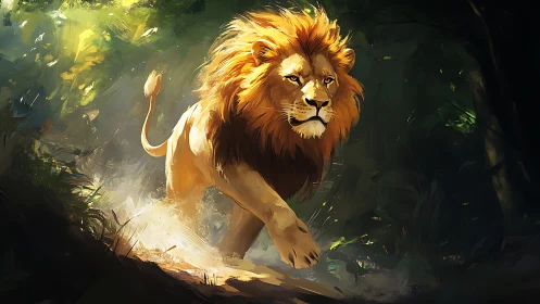 Powerful lion charges forward through dense forest light.