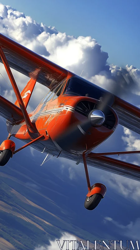 Bright red airplane soars confidently through crisp blue sky