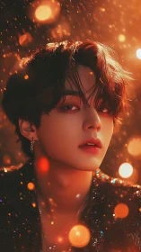 Luminous portrait of young man amid golden bokeh sparks