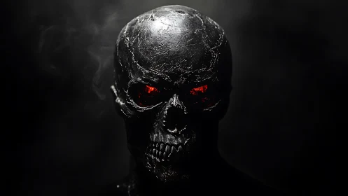 Black metallic skull with illuminated red eye sockets.