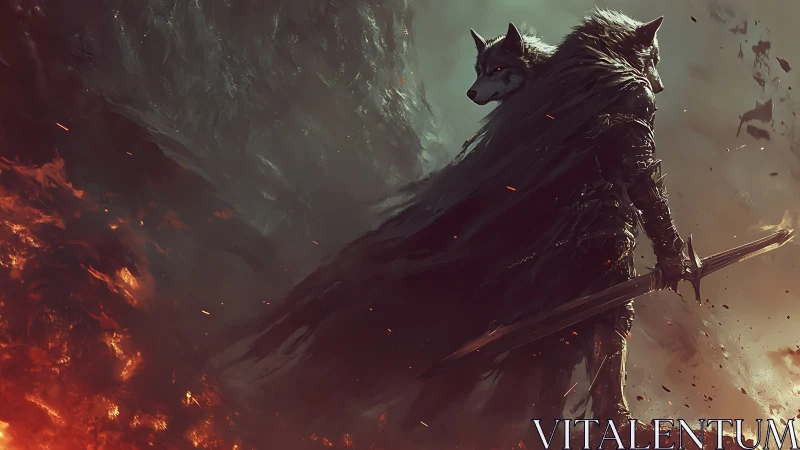 Digital painting of armored wolf warrior in infernal battlefield.