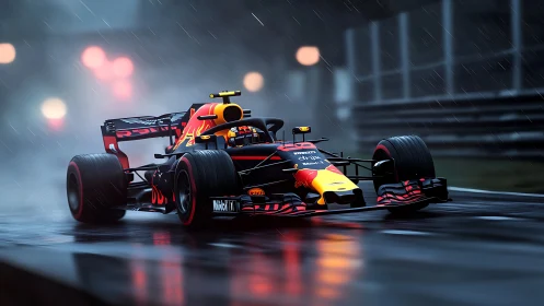Rain-soaked Formula racer carving sparks through twilight.