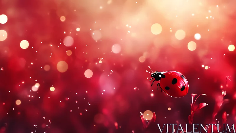 Ladybug hovers above red plants against glowing bokeh field.