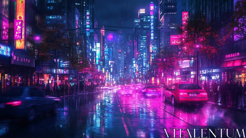 Neon lit city street at night with traffic in rainfall conditions.