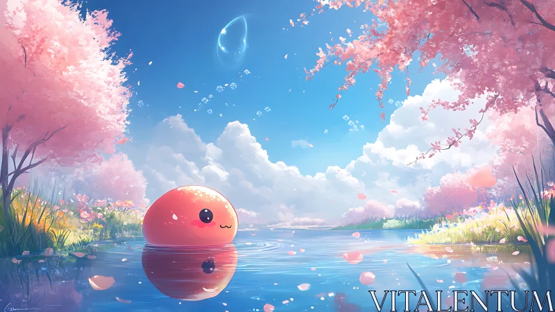 Cute orange slime drifts under pastel cherry blossoms.