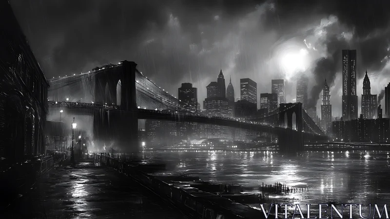 Noir urban riverscape renders rain-soaked bridge and skyline