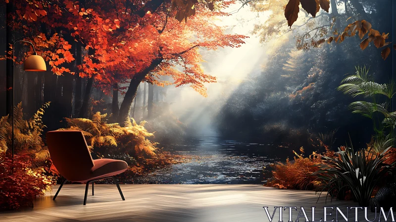 Interior lounge merging with luminous autumn river forest