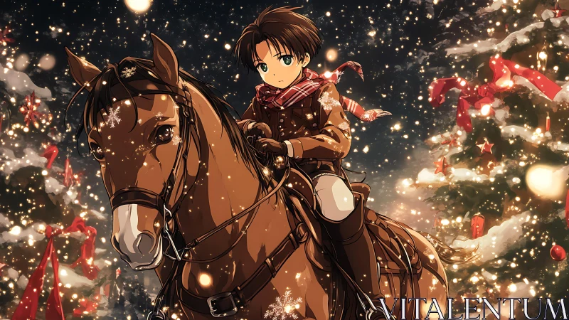 Snowlit anime rider on chestnut horse amid festive bokeh.