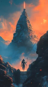 Warrior stands before mountain temple crowned by fiery beacon