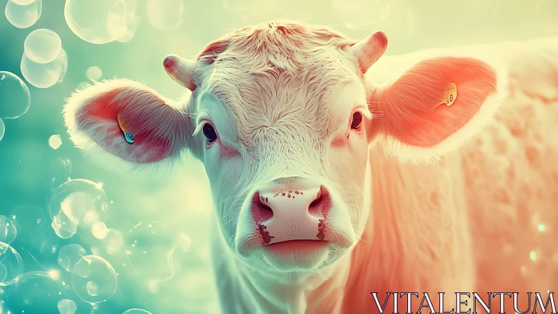 Gentle calf in glowing pastel light and dreamy bubbles.