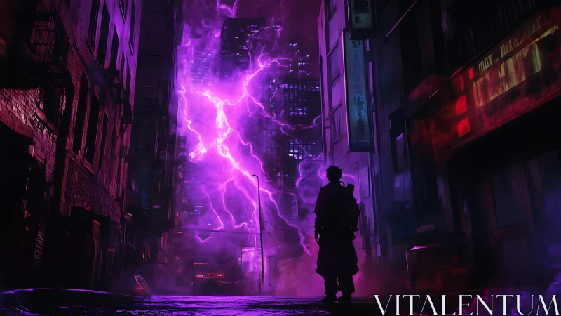 Lone figure confronts violet lightning storm in neon alley