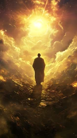 Solitary robed figure ascends toward radiant celestial vortex