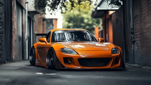 Low-slung orange street missile brooding in a quiet alley.