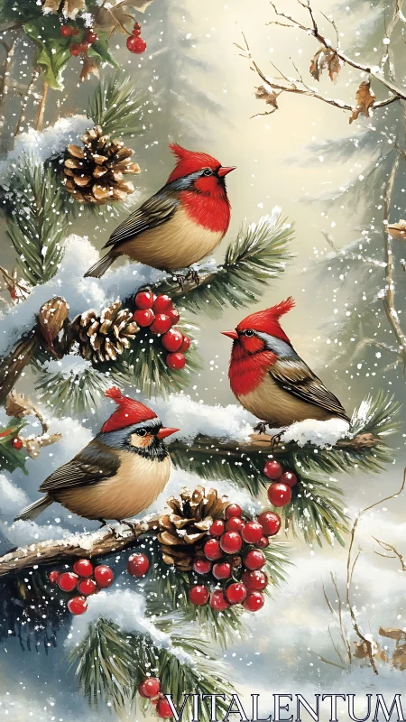 Winter songbirds amid snowy pine boughs in digital painting.