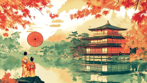 Autumn kimono figures by lakeside Kyoto pavilion at dusk.