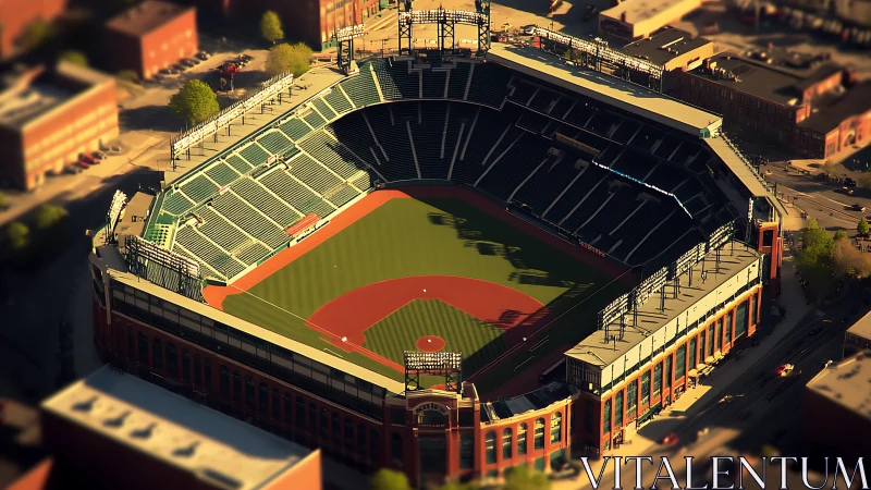 Empty baseball stadium in soft aerial city light period.