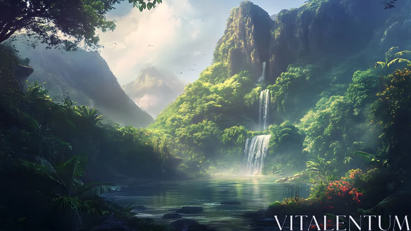 Sunlit rainforest cascade renders atmospheric depth and scale