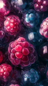 3D translucent raspberry spheres in liquid bloom.
