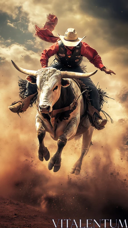 Rodeo bull rider in midair over dusty arena ground.