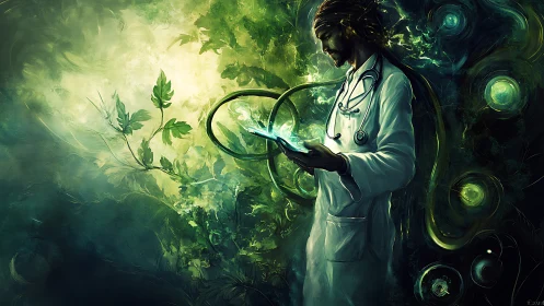 Doctor in glowing forest studies digital tablet quietly.