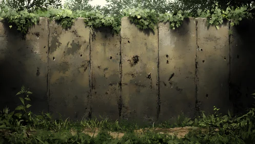 Concrete garden wall with ivy and overgrown ground cover.