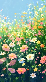 Wildflower Meadow with Luminous Sky and Layered Botanical Composition.