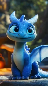 Blue baby dragon sits under warm forest light, smiling.