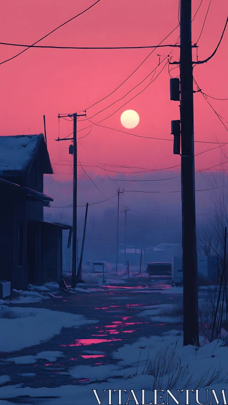 Neon dusk spills across a quiet snowbound backstreet.